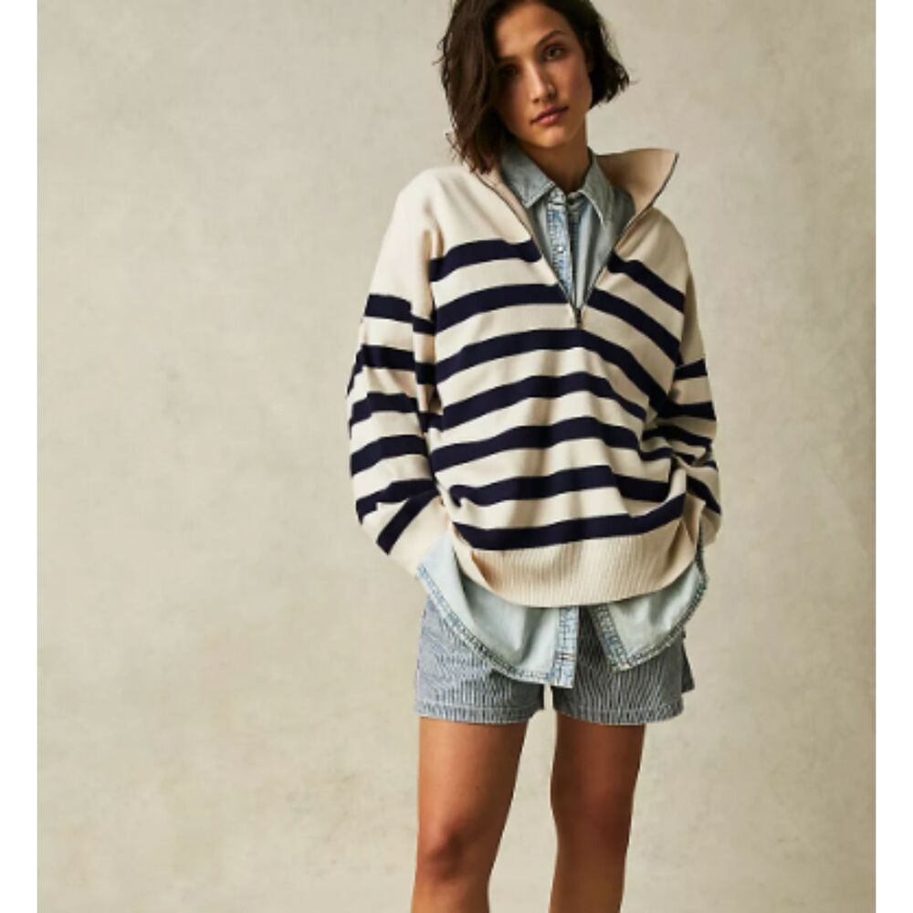 Free People Coastal Stripe Pullover Champagne Navy Combo Large